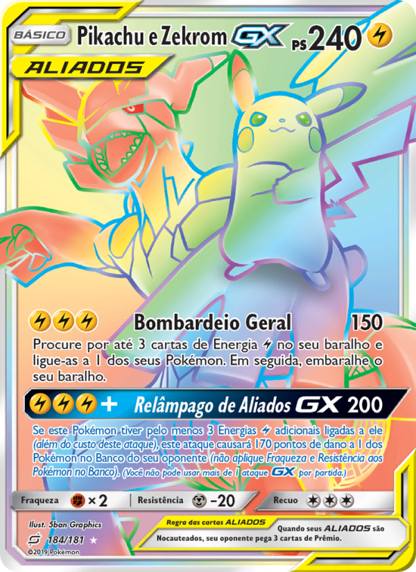 Pikachu e Zekrom GX 184 — União de Aliados (Portuguese Pokémon TCG card)