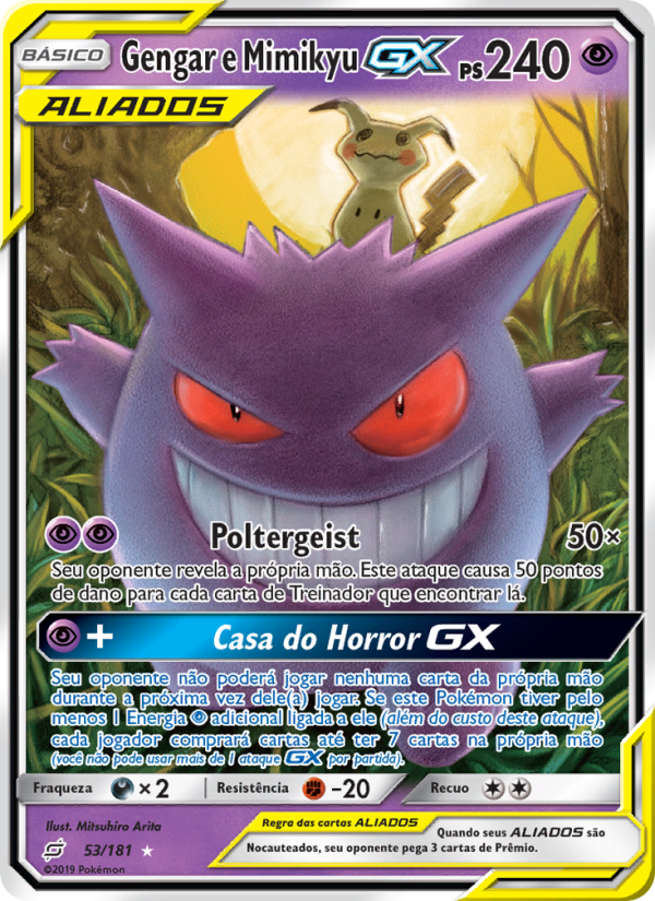 Gengar e Mimikyu GX 53 — União de Aliados (Portuguese Pokémon TCG card)