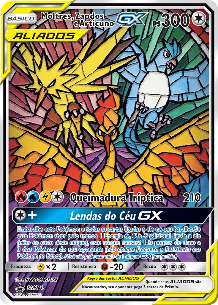 Moltres, Zapdos e Articuno GX SM210 — Sun & Moon Promos (Portuguese Pokémon TCG card)