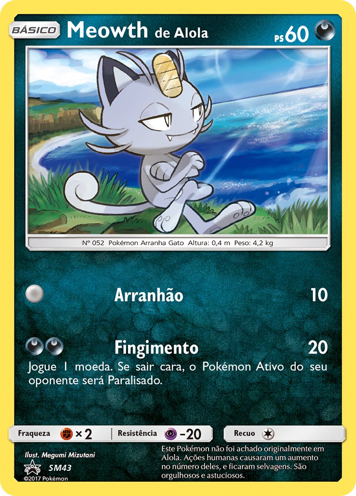 Meowth de Alola SM43 — Sun & Moon Promos (Portuguese Pokémon TCG card)