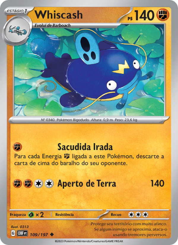 Whiscash 109 — Obsidian Flames (Portuguese Pokémon TCG card)