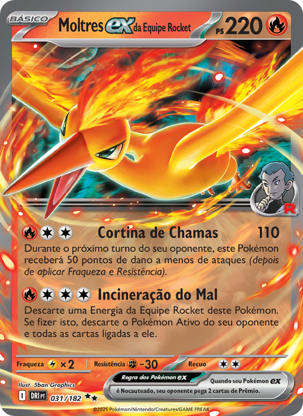 Moltres ex da Equipe Rocket 031 — Rivais Predestinados (Portuguese Pokémon TCG card)