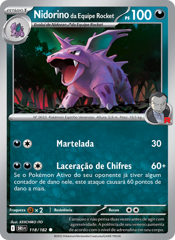 Nidorino da Equipe Rocket 118 — Destined Rivals (Portuguese Pokémon TCG card)