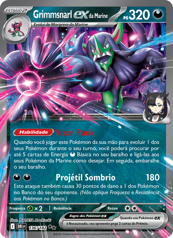 Grimmsnarl ex da Marine 136 — Rivais Predestinados (Portuguese Pokémon TCG card)