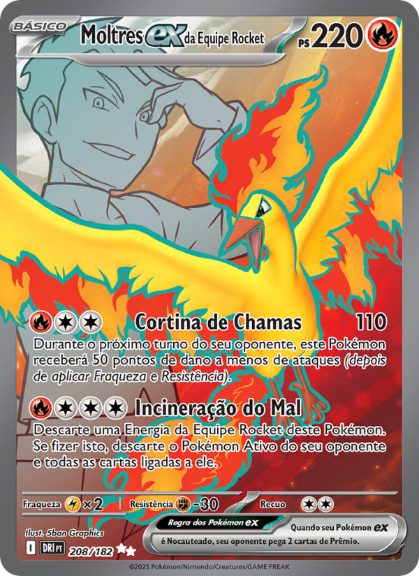 Moltres ex da Equipe Rocket 208 — Rivais Predestinados (Portuguese Pokémon TCG card)