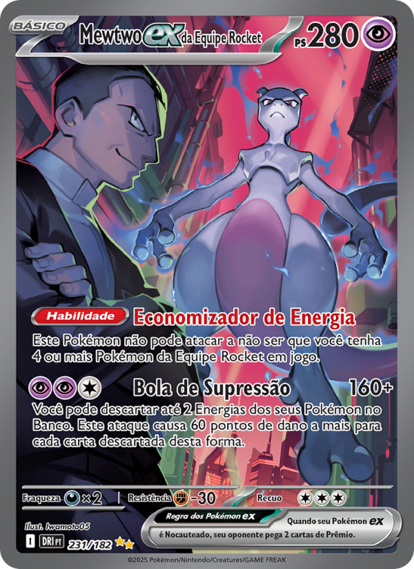Mewtwo ex da Equipe Rocket 231 — Rivais Predestinados (Portuguese Pokémon TCG card)
