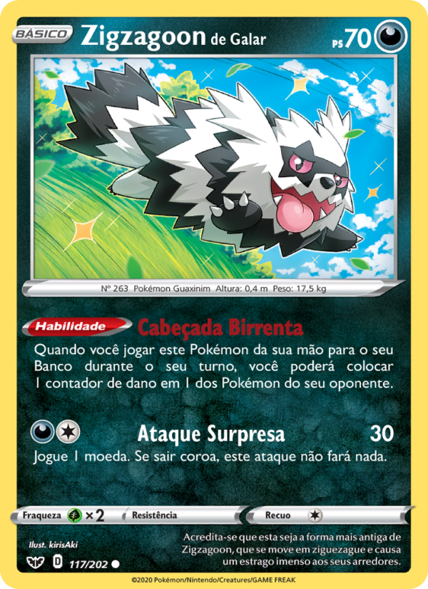 Zigzagoon de Galar 117 — Espada e Escudo (Portuguese Pokémon TCG card)