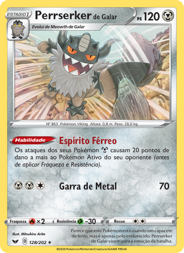 Perrserker de Galar 128 — Espada e Escudo (Portuguese Pokémon TCG card)