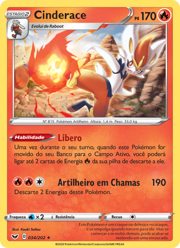 Cinderace 34 — Espada e Escudo (Portuguese Pokémon TCG card)
