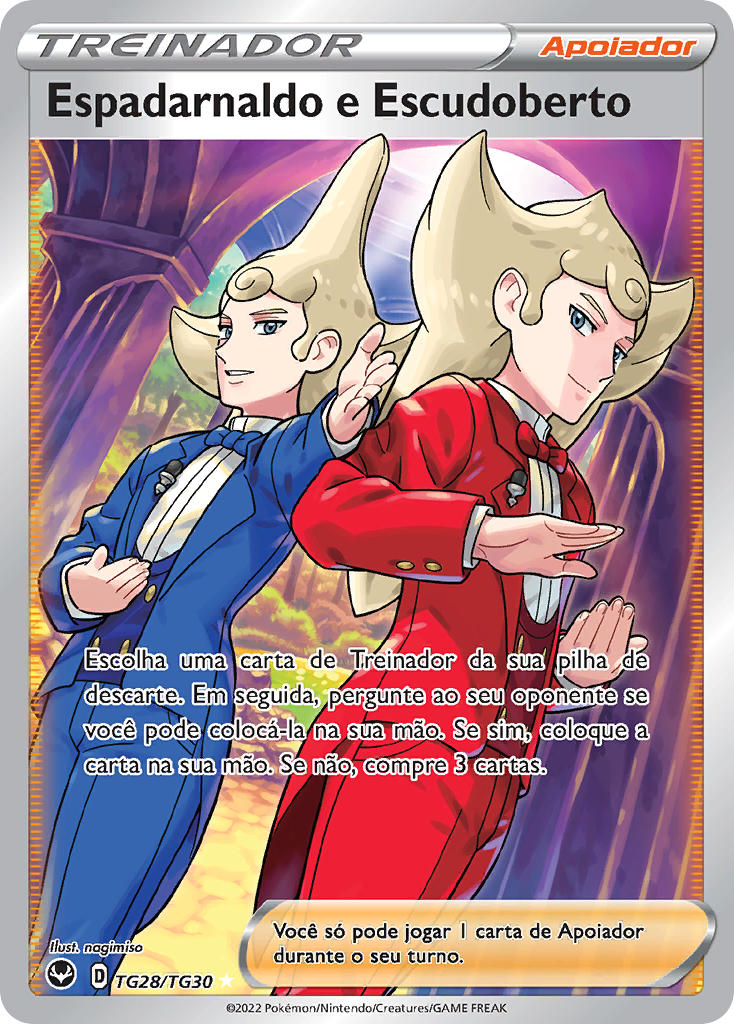 Espadarnaldo e Escudoberto TG28 — Tempestade Prateada Galeria de Treinador (Portuguese Pokémon TCG card)