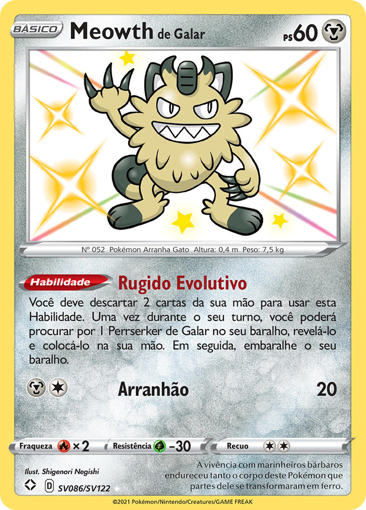 Meowth de Galar SV086 — Destinos Brilhantes Cofre Brilhante (Portuguese Pokémon TCG card)