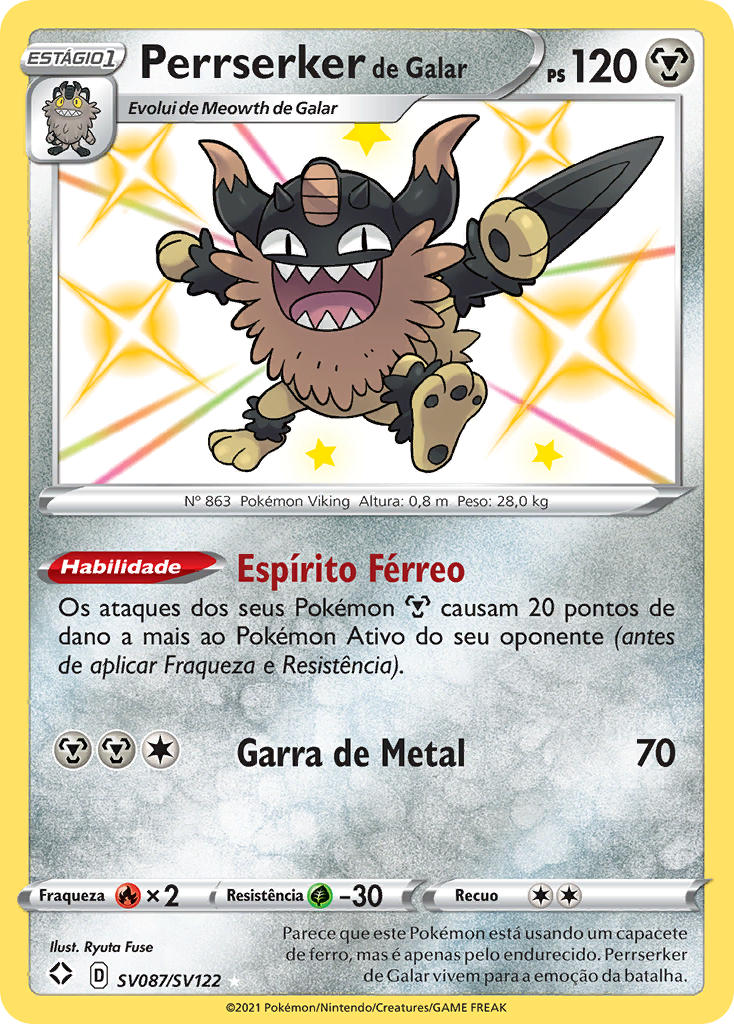 Perrserker de Galar SV087 — Destinos Brilhantes Cofre Brilhante (Portuguese Pokémon TCG card)
