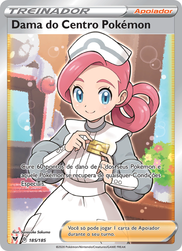 Dama do Centro Pokémon 185 — Voltagem Vívida (Portuguese Pokémon TCG card)